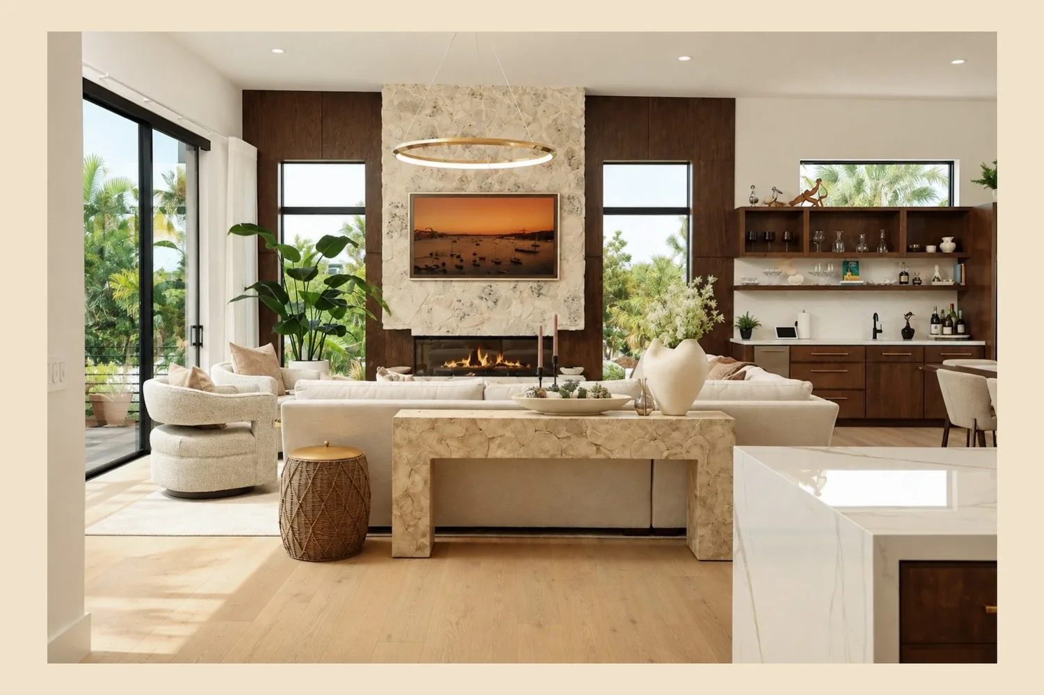 Living room with stone fireplace and wood wall