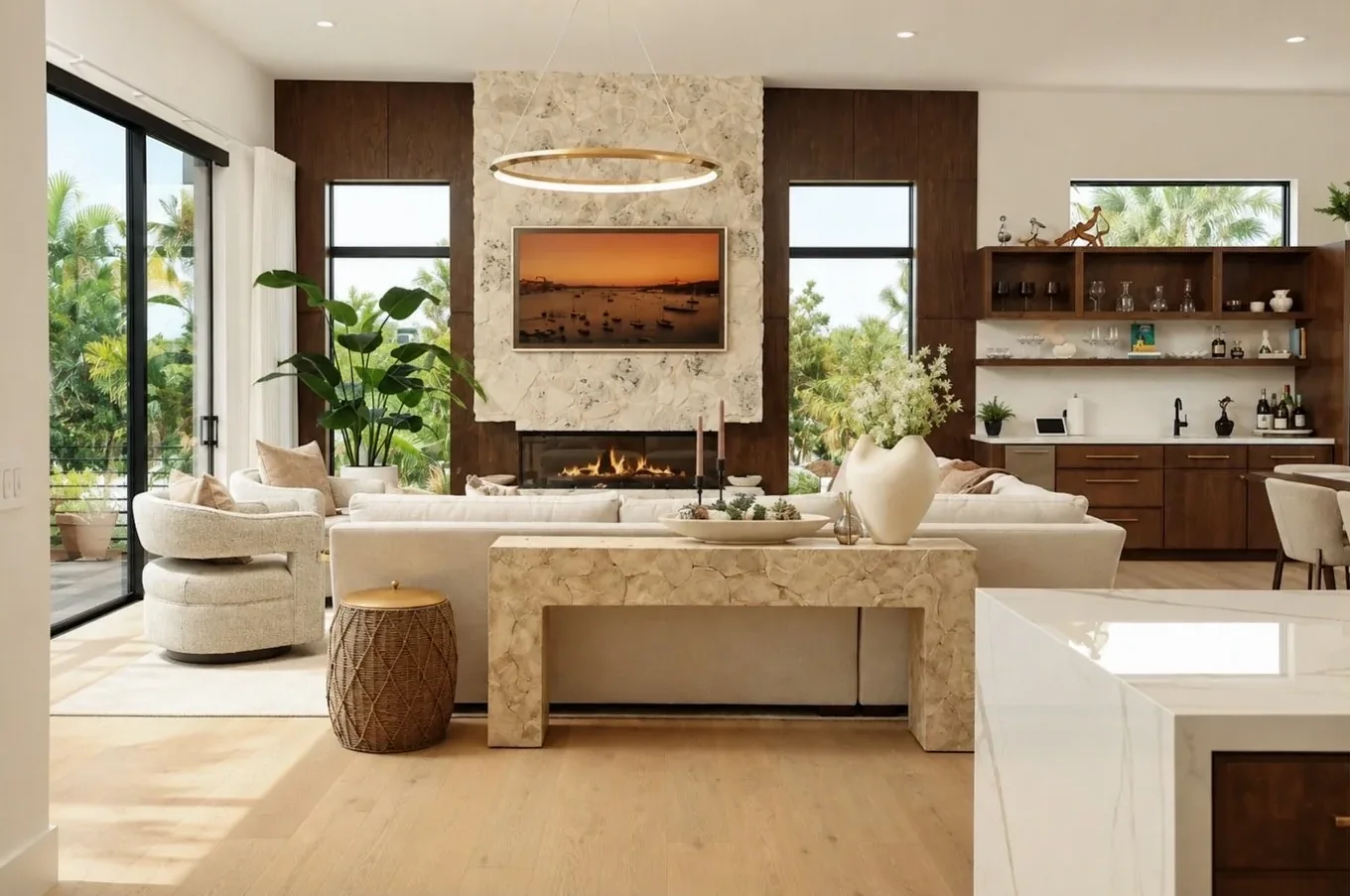 Living room with a stone fireplace