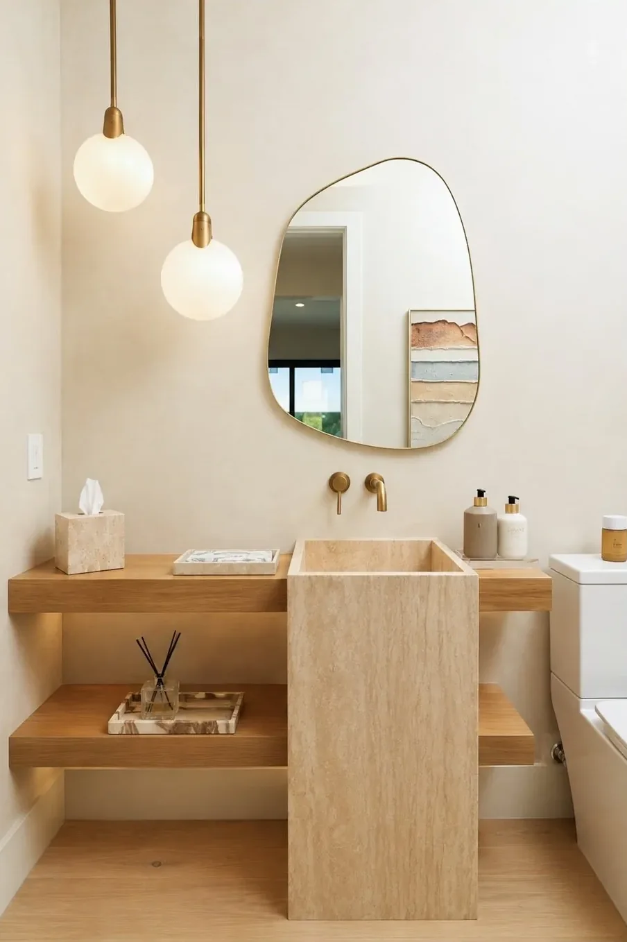 Stone vanity with brass pendants