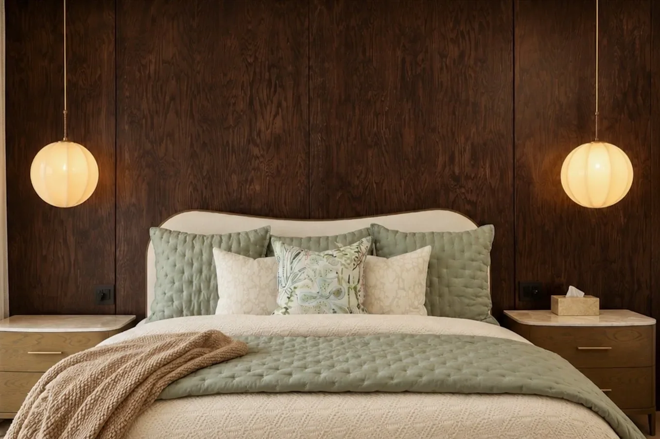 Bedroom with a walnut wall and globe pendants