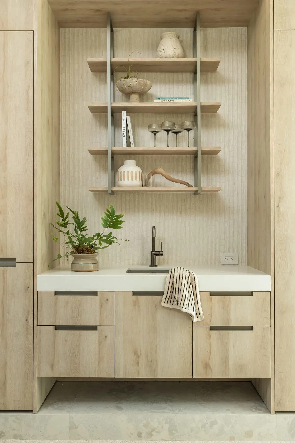 Oak wet bar with open shelving