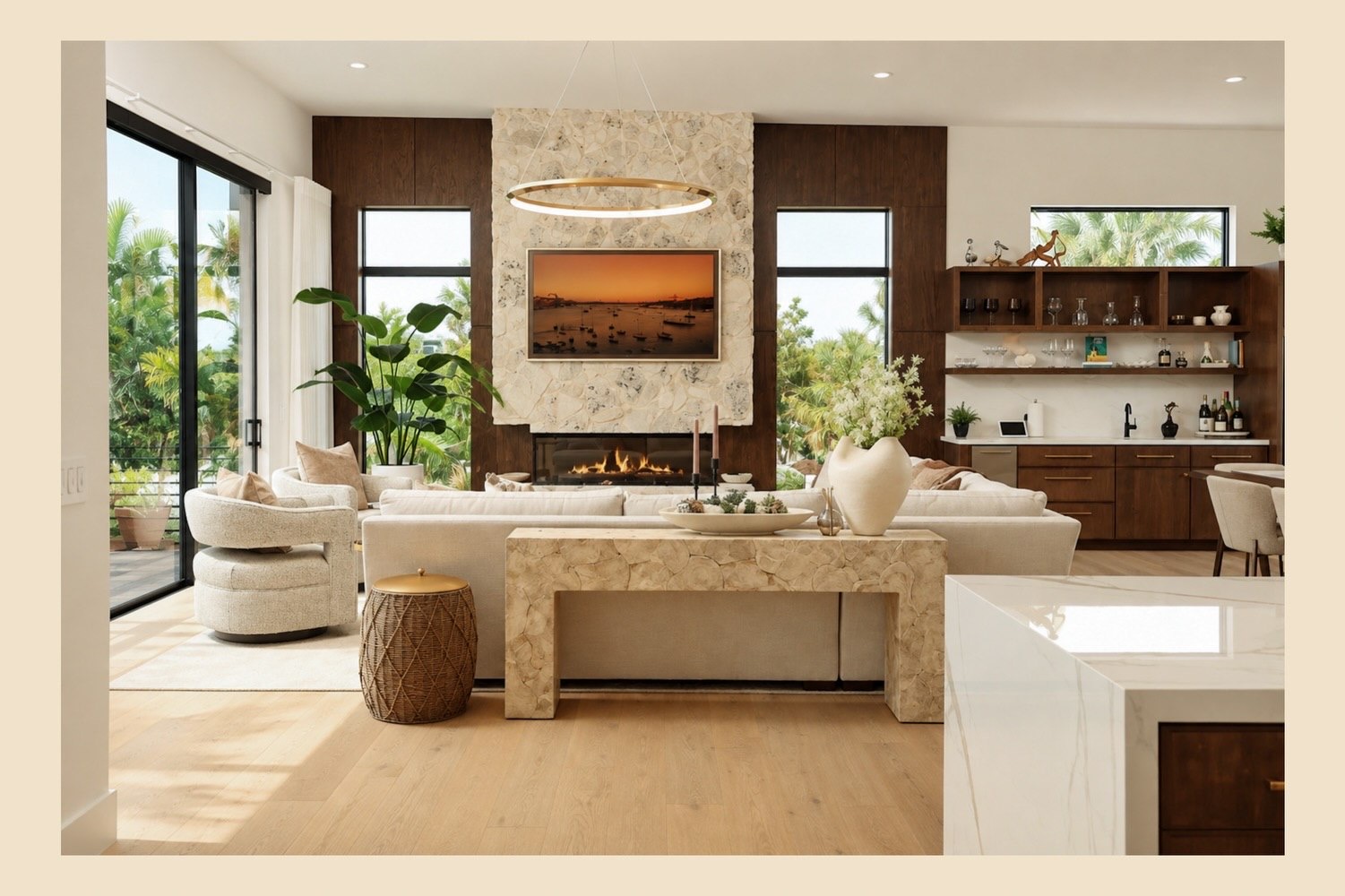 Warm modern living room with stone fireplace and garden view